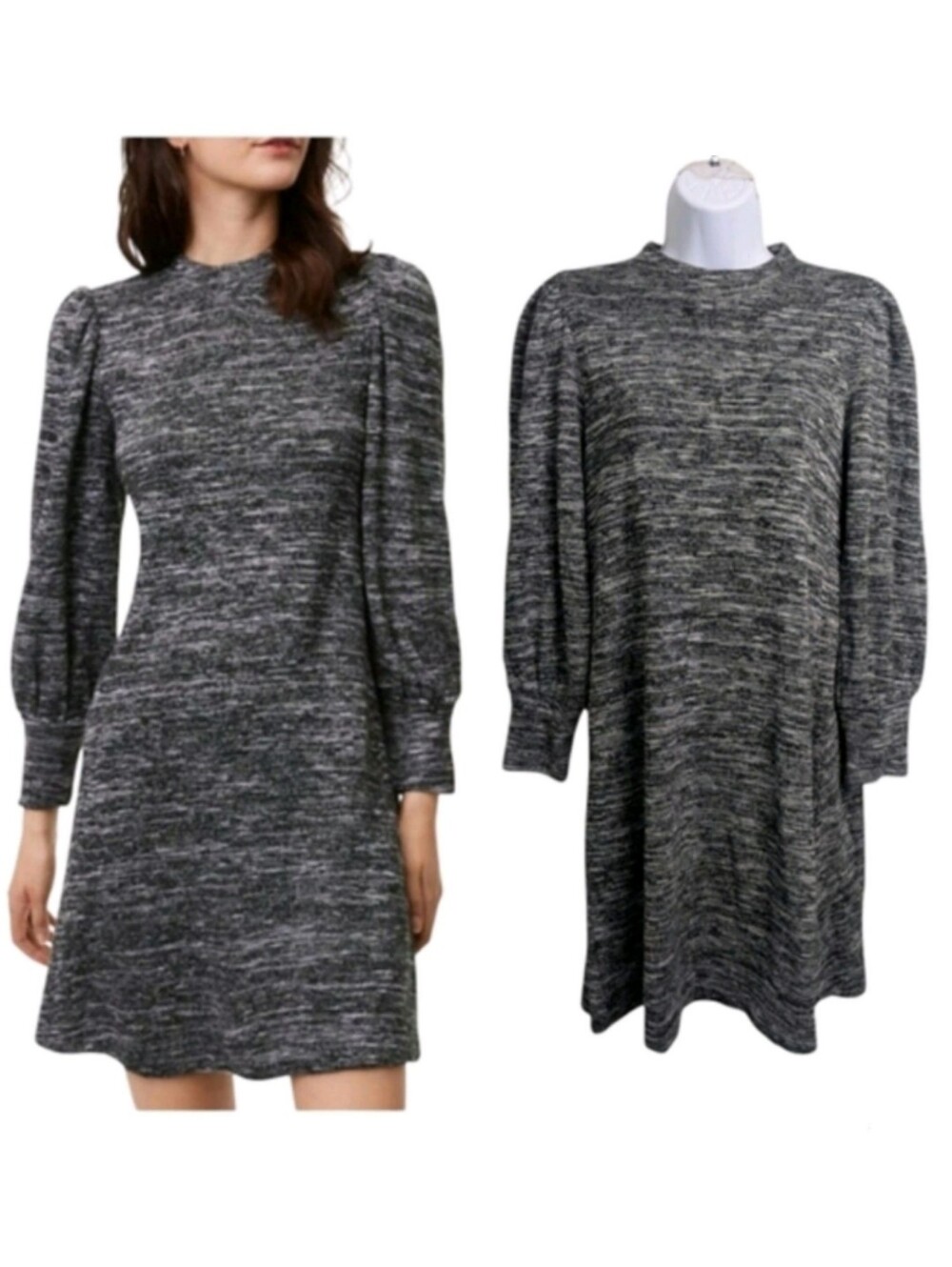LOFT Black Gray Marled Sweater Dress Size XS Mock Neck Long Puff Sleeve Winter